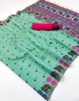 Fragrant Sea Green Pure Munga Cotton Silk Saree With Pleasurable Blouse Piece