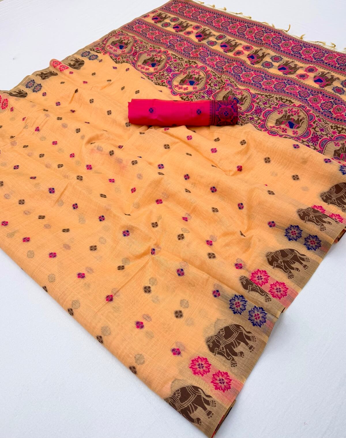 Nemesis Peach Pure Munga Cotton Silk Saree With Mesmeric Blouse Piece