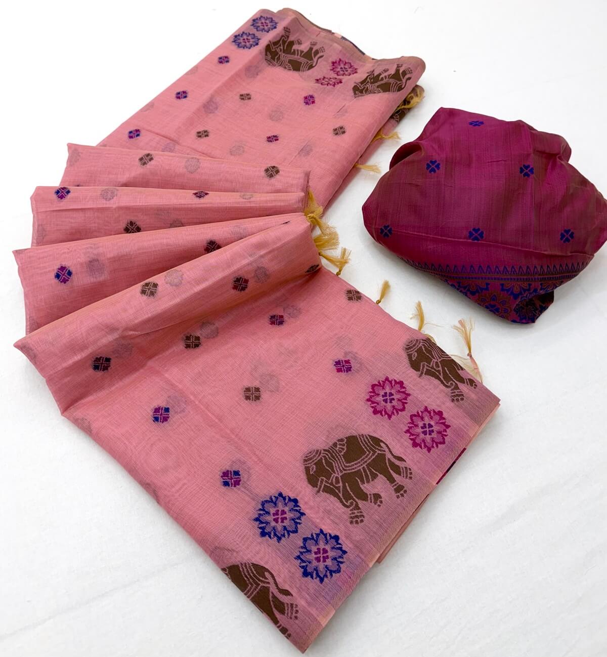Devastating Pink Pure Munga Cotton Silk Saree With Angelic Blouse Piece