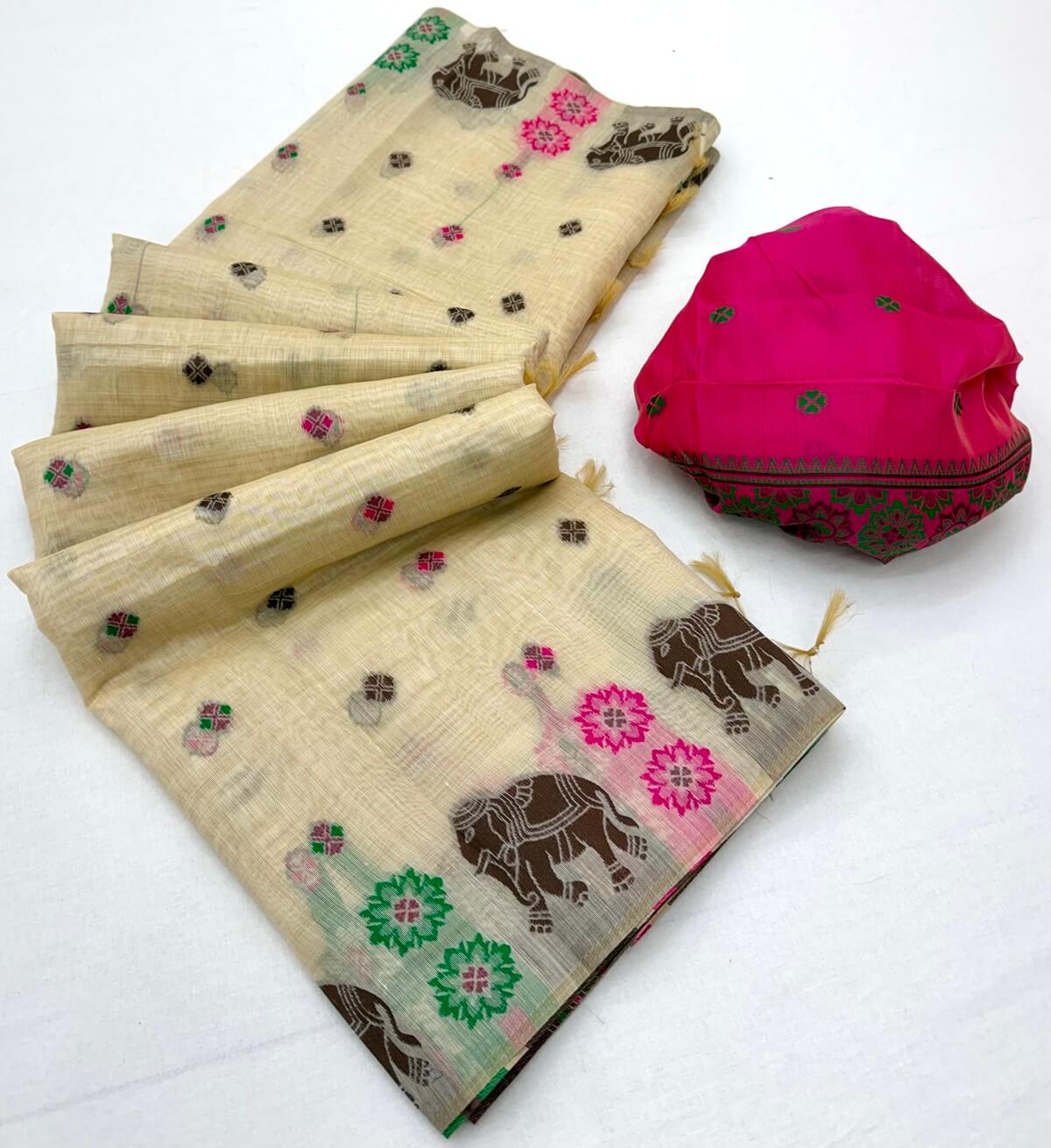 Confounding Beige Pure Munga Cotton Silk Saree With Eloquence Blouse Piece