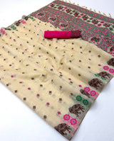 Confounding Beige Pure Munga Cotton Silk Saree With Eloquence Blouse Piece