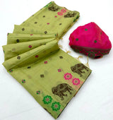 Grandiose Pista Pure Munga Cotton Silk Saree With Stunner Blouse Piece