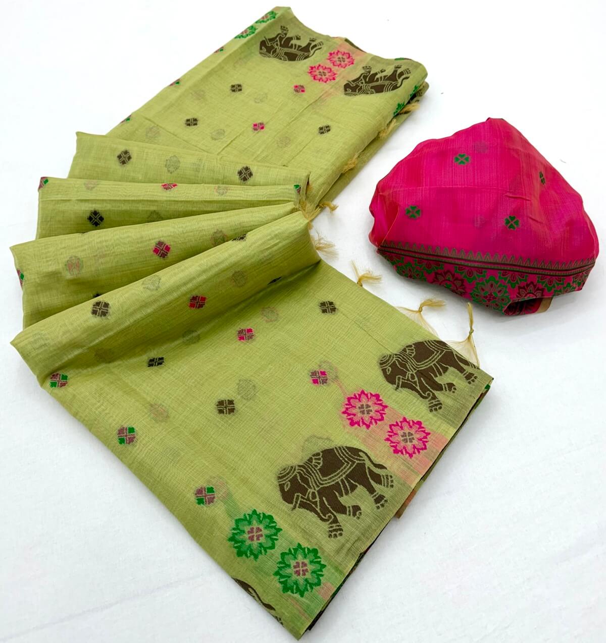 Grandiose Pista Pure Munga Cotton Silk Saree With Stunner Blouse Piece