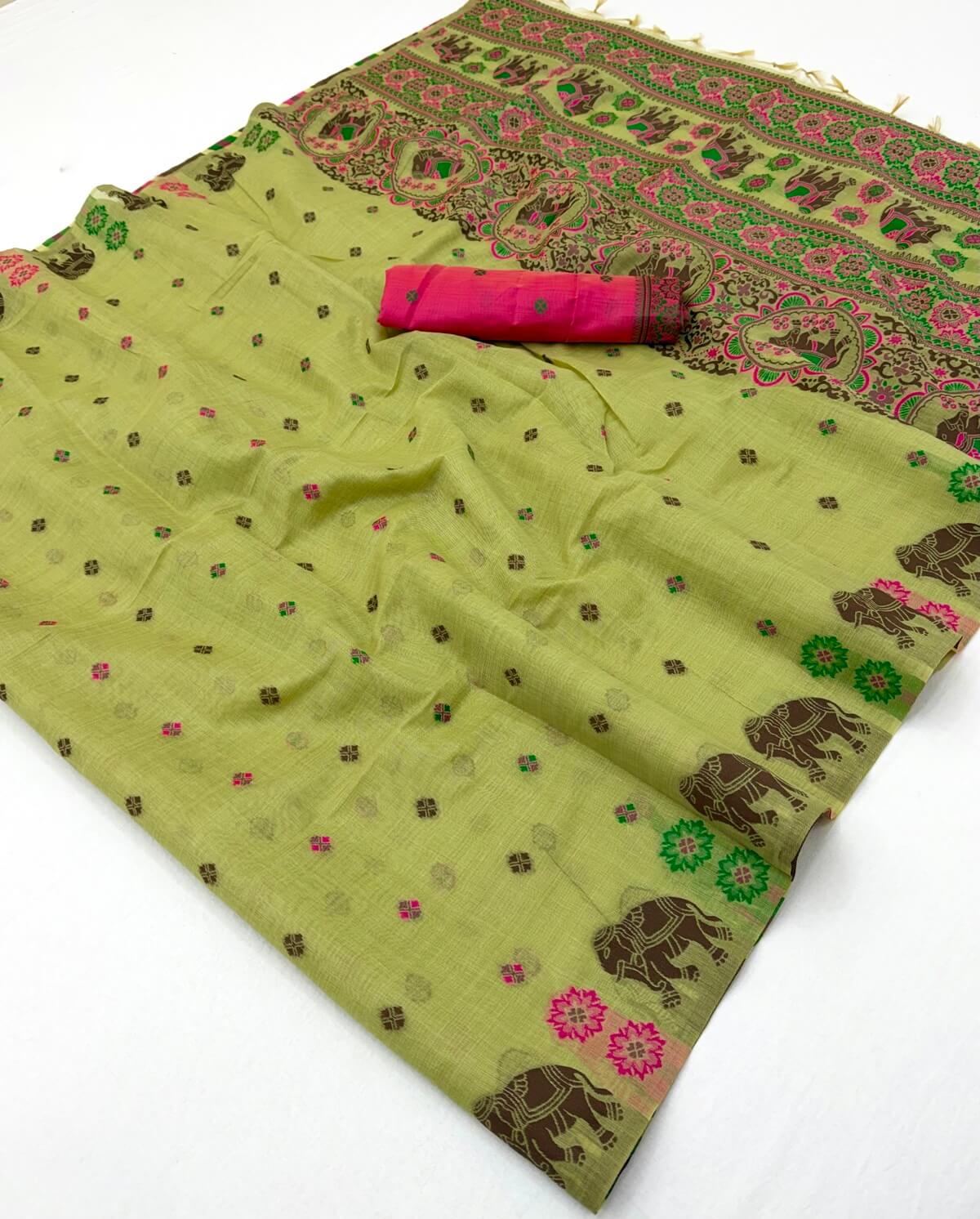 Grandiose Pista Pure Munga Cotton Silk Saree With Stunner Blouse Piece