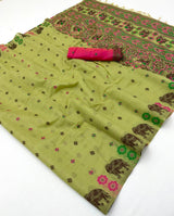 Grandiose Pista Pure Munga Cotton Silk Saree With Stunner Blouse Piece