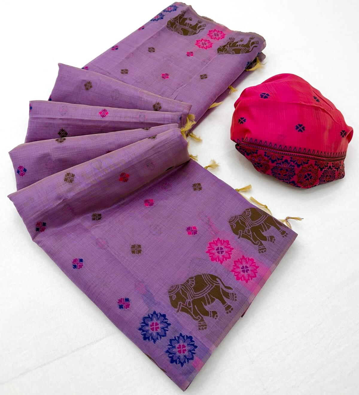 Quintessential Lavender Pure Munga Cotton Silk Saree With Chatoyant Blouse Piece