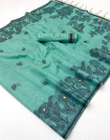 Enchanting Sea Green Pure Munga Cotton Silk Saree With Felicitous Blouse Piece