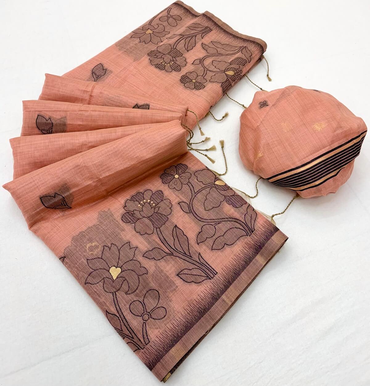 Unequalled Peach Pure Munga Cotton Silk Saree With Conflate Blouse Piece