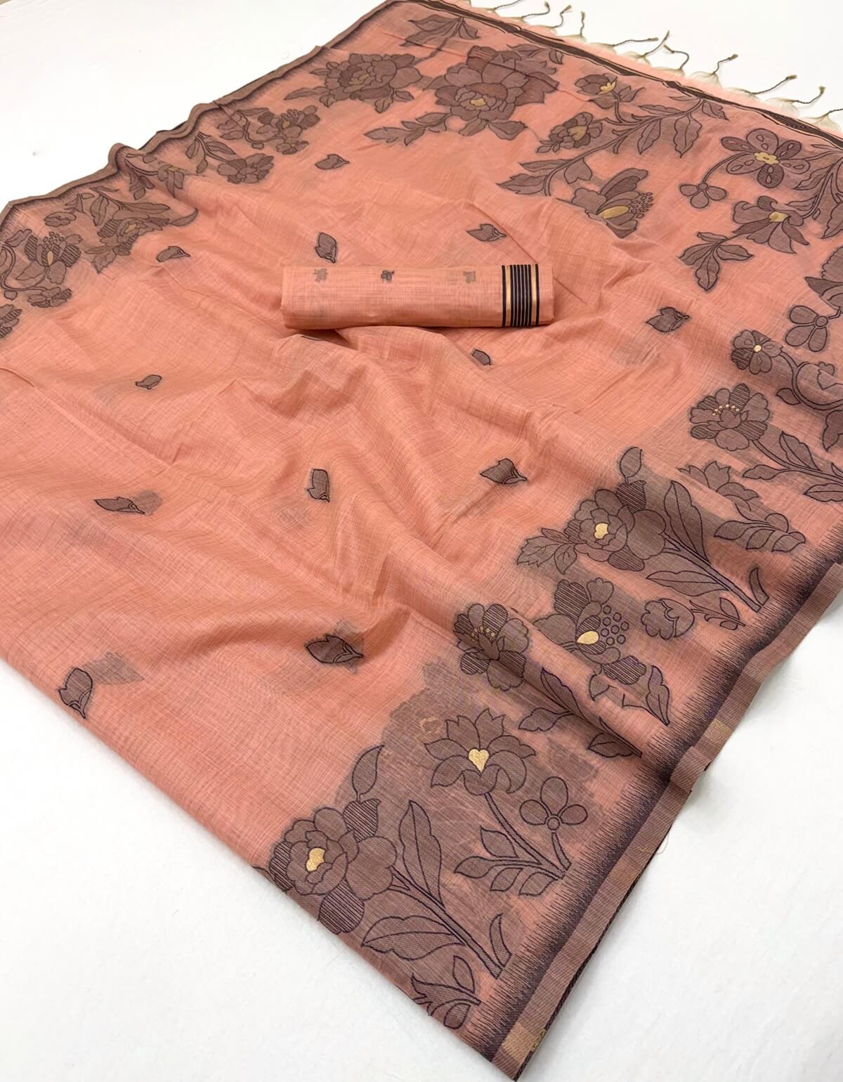 Unequalled Peach Pure Munga Cotton Silk Saree With Conflate Blouse Piece