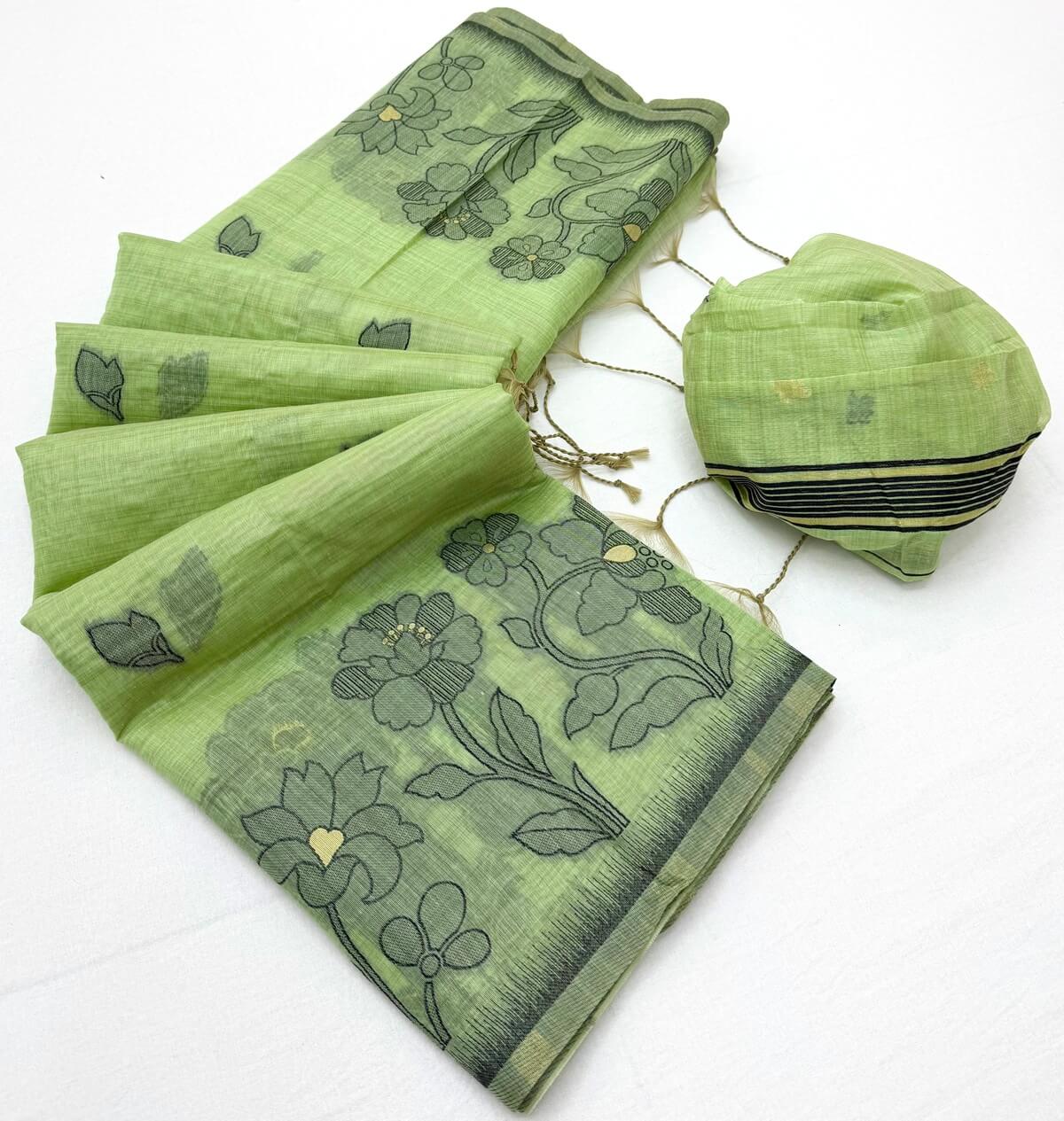 Magnificat Pista Pure Munga Cotton Silk Saree With Aplomb Blouse Piece