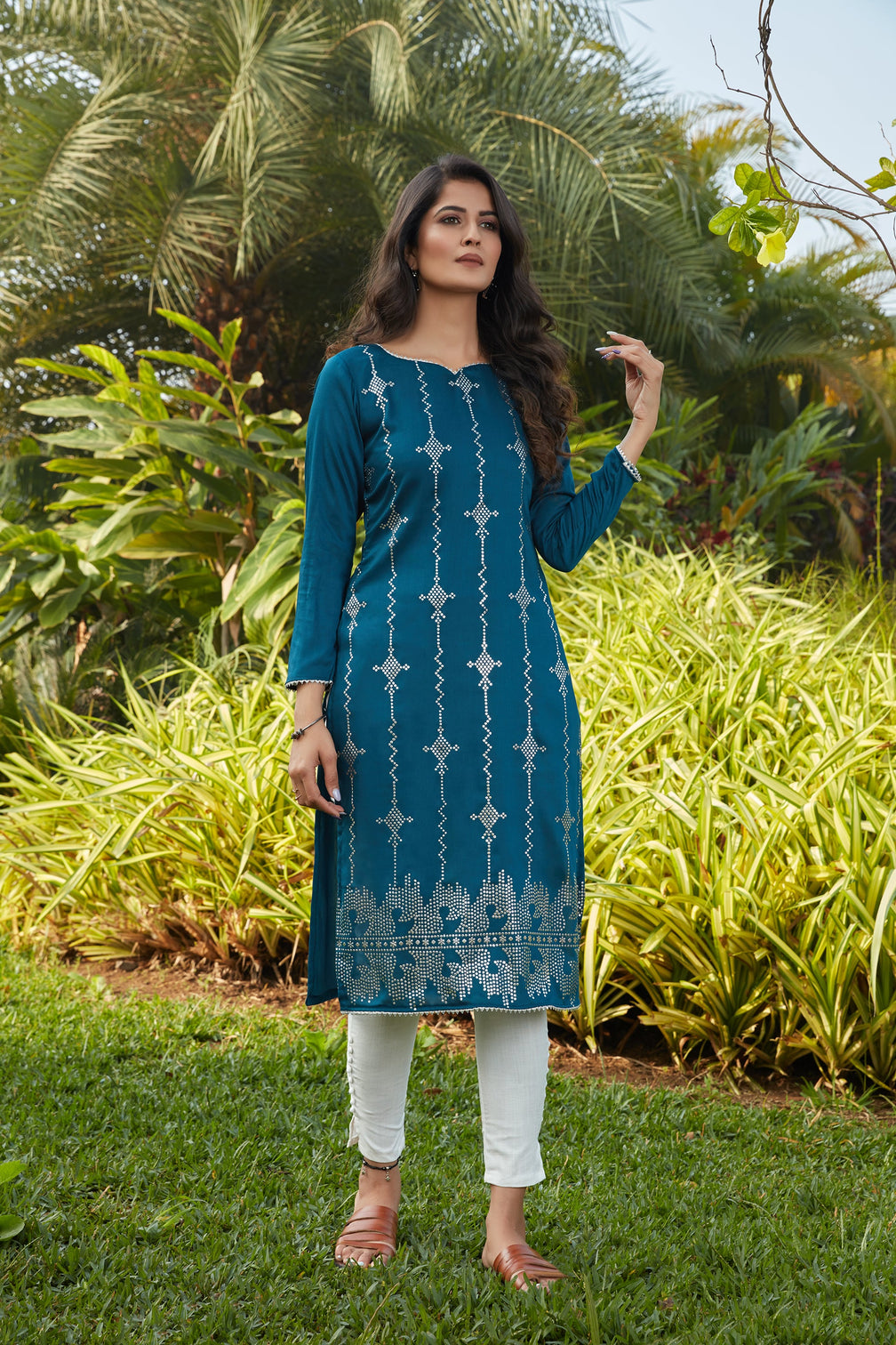 Rama Green Mukaish Worked Cotton Readymade Kurti