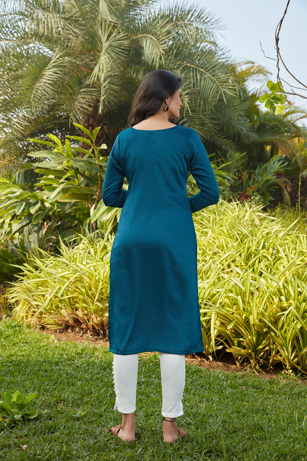Rama Green Mukaish Worked Cotton Readymade Kurti