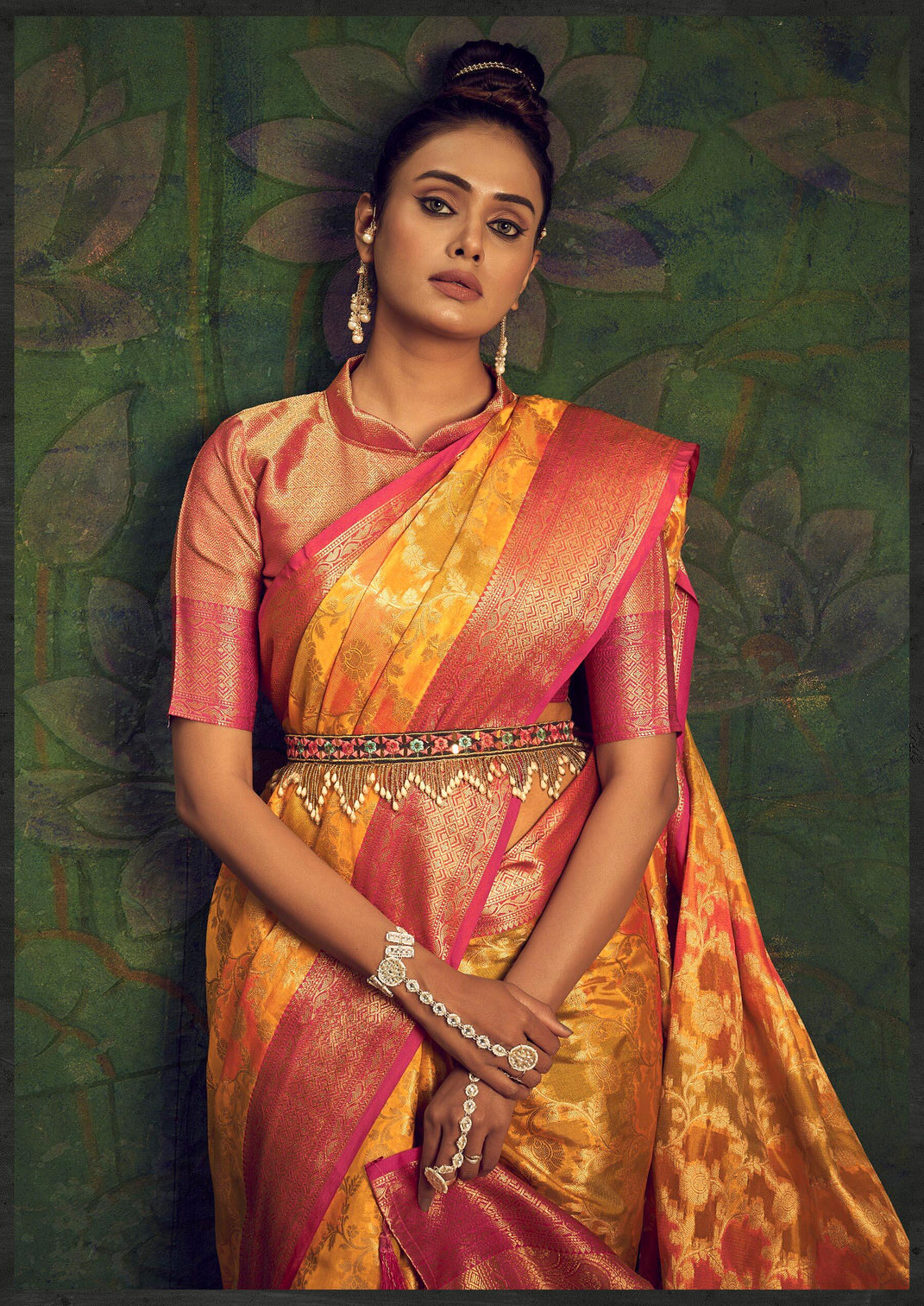 Yellow Gold Saree in Organza