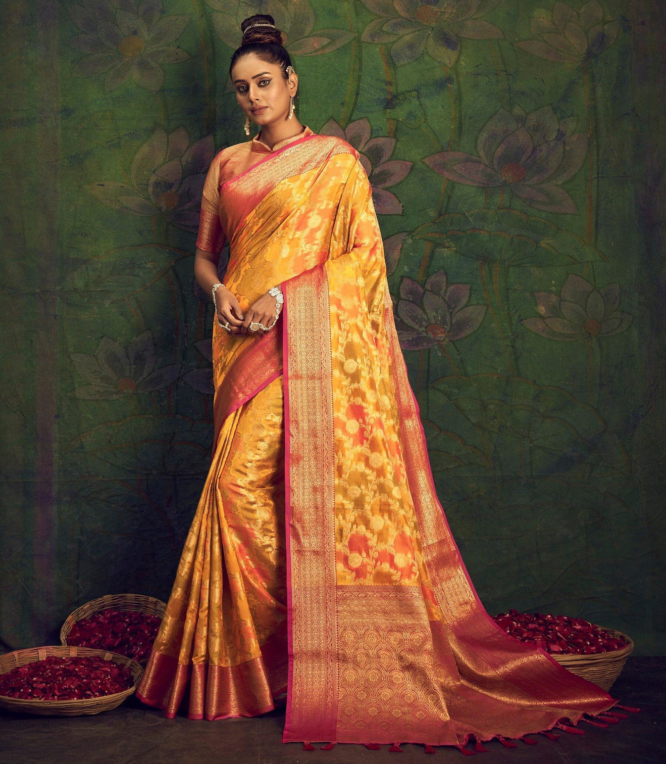 Yellow Gold Saree in Organza