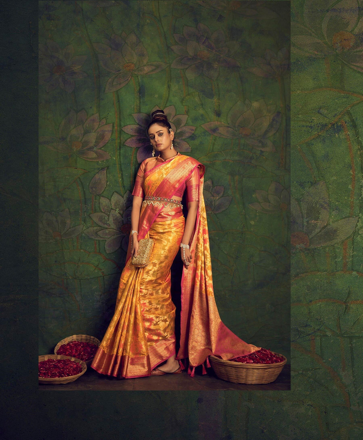 Yellow Gold Saree in Organza