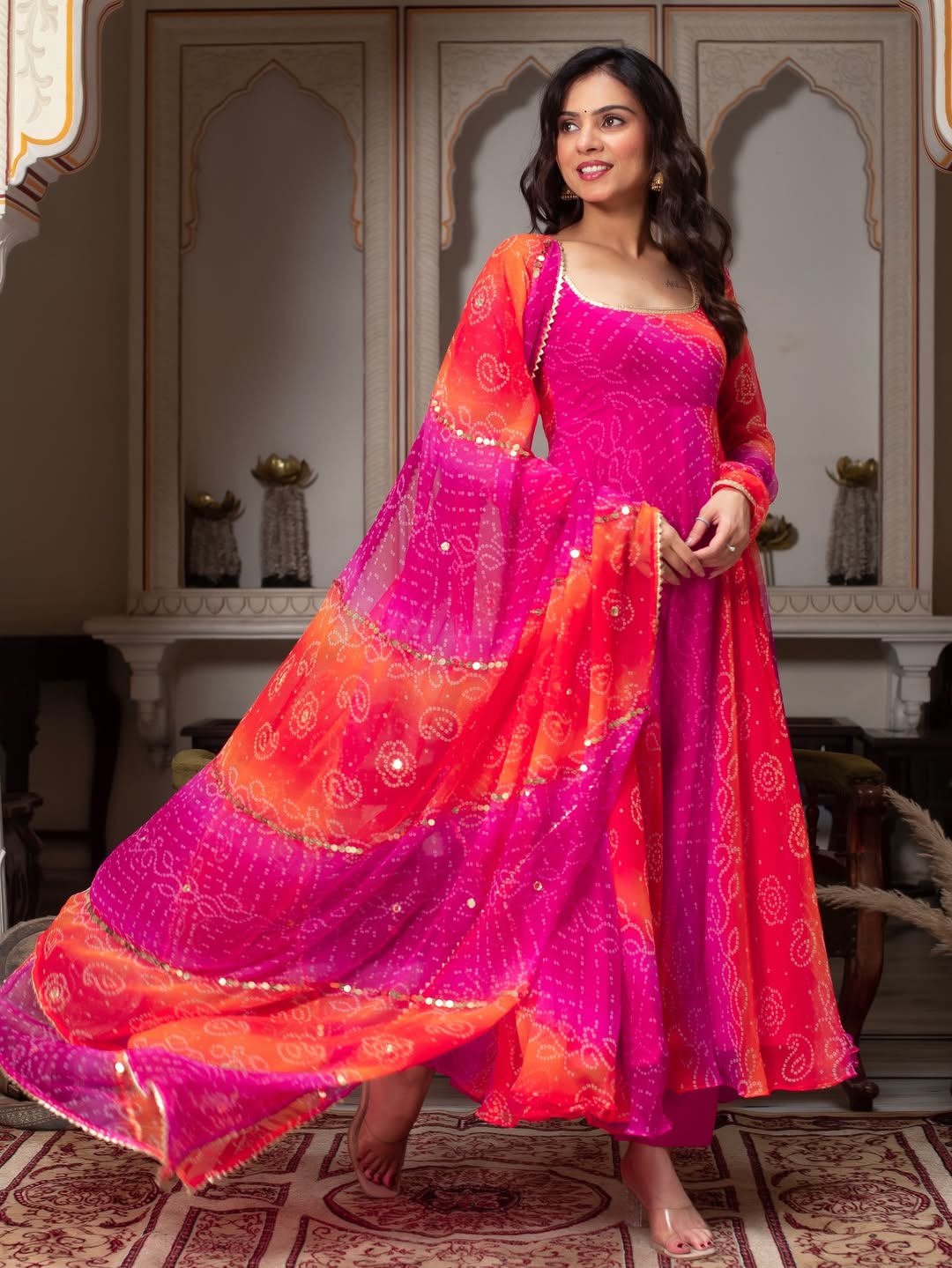 Bandhani print fancy anarkali suit set pink orange festive ethnic wear for women mameraa
