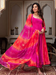 Bandhani print fancy anarkali suit set pink orange festive ethnic wear for women mameraa