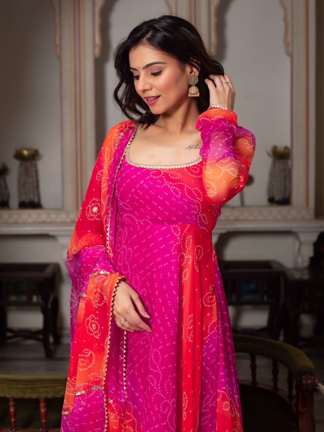 Bandhani print fancy anarkali suit set pink orange festive ethnic wear for women