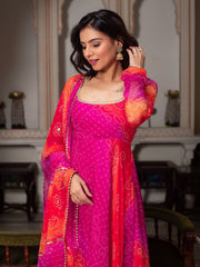 Bandhani print fancy anarkali suit set pink orange festive ethnic wear for women