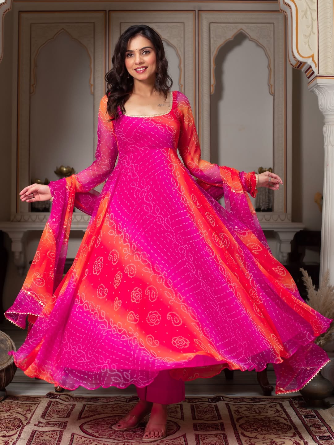 Bandhani print fancy anarkali suit set pink orange festive ethnic wear for women