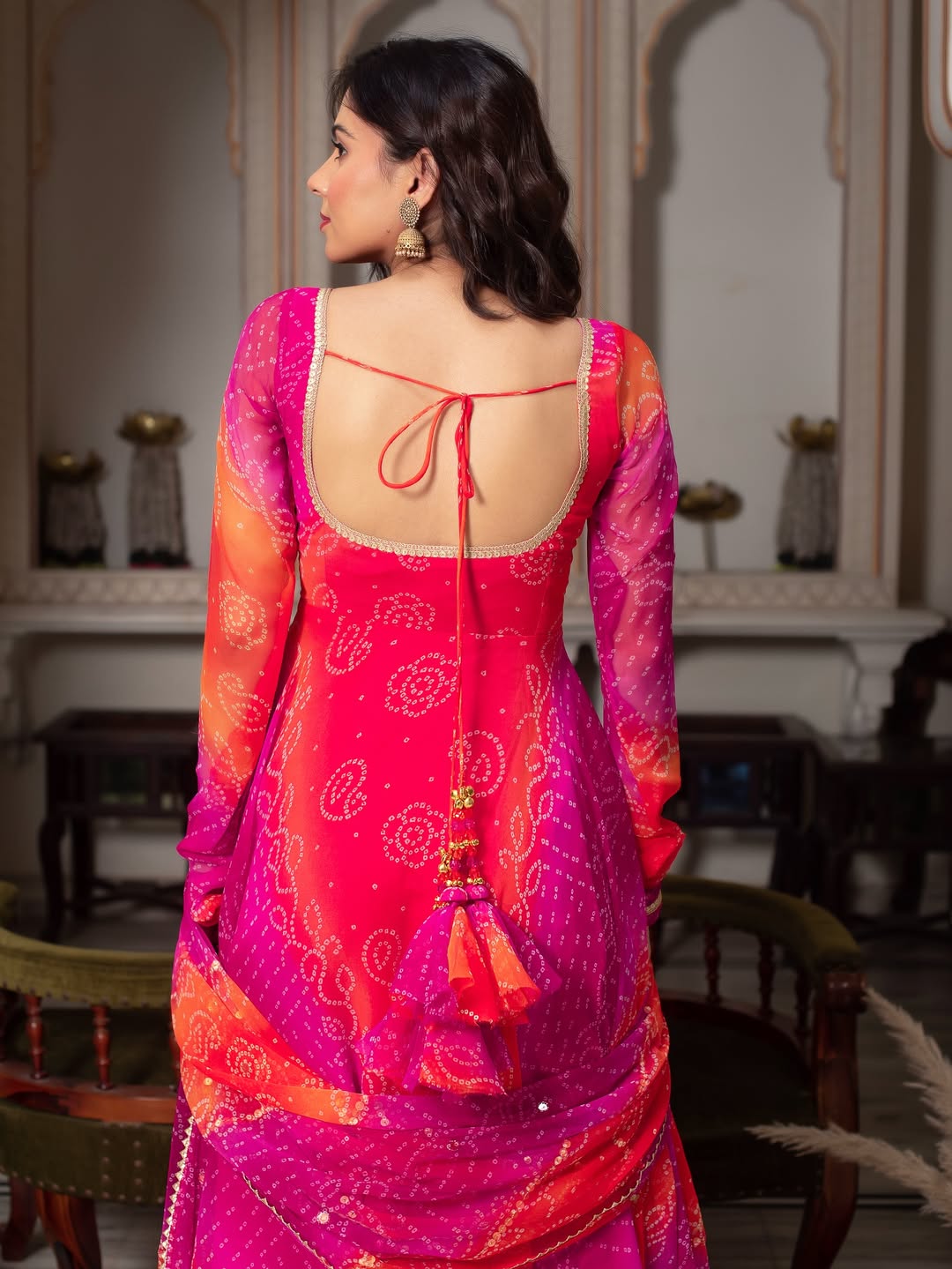 Bandhani print fancy anarkali suit set pink orange festive ethnic wear for women