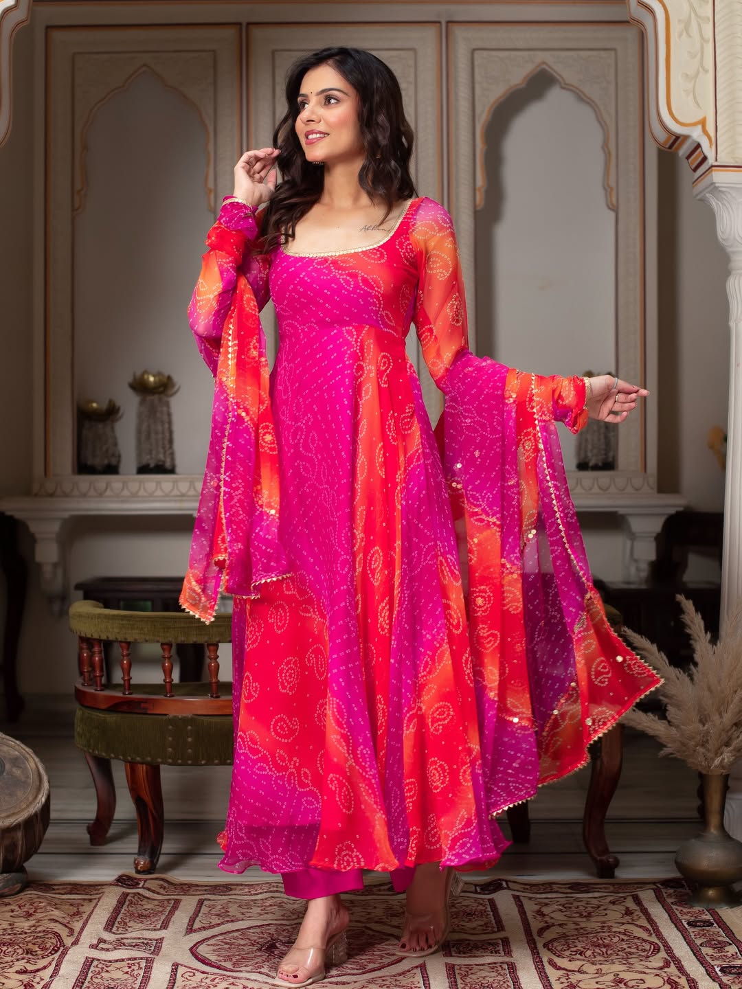 Bandhani print fancy anarkali suit set pink orange festive ethnic wear for women