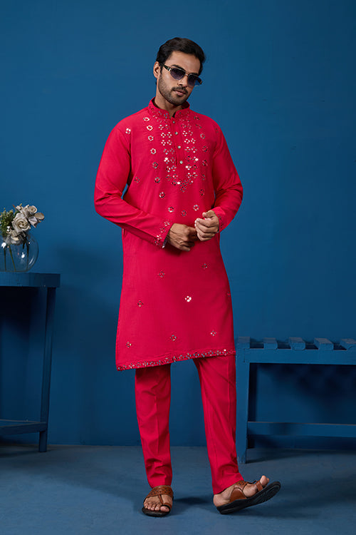Designer Rani Mirror Embroidered Kurta for Mens Wear