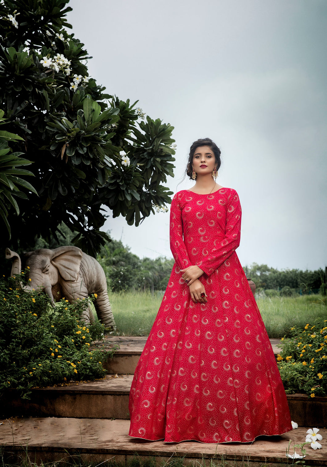 Rani-Pink Foilage Print Georgette Designer Gown Semi Stitched