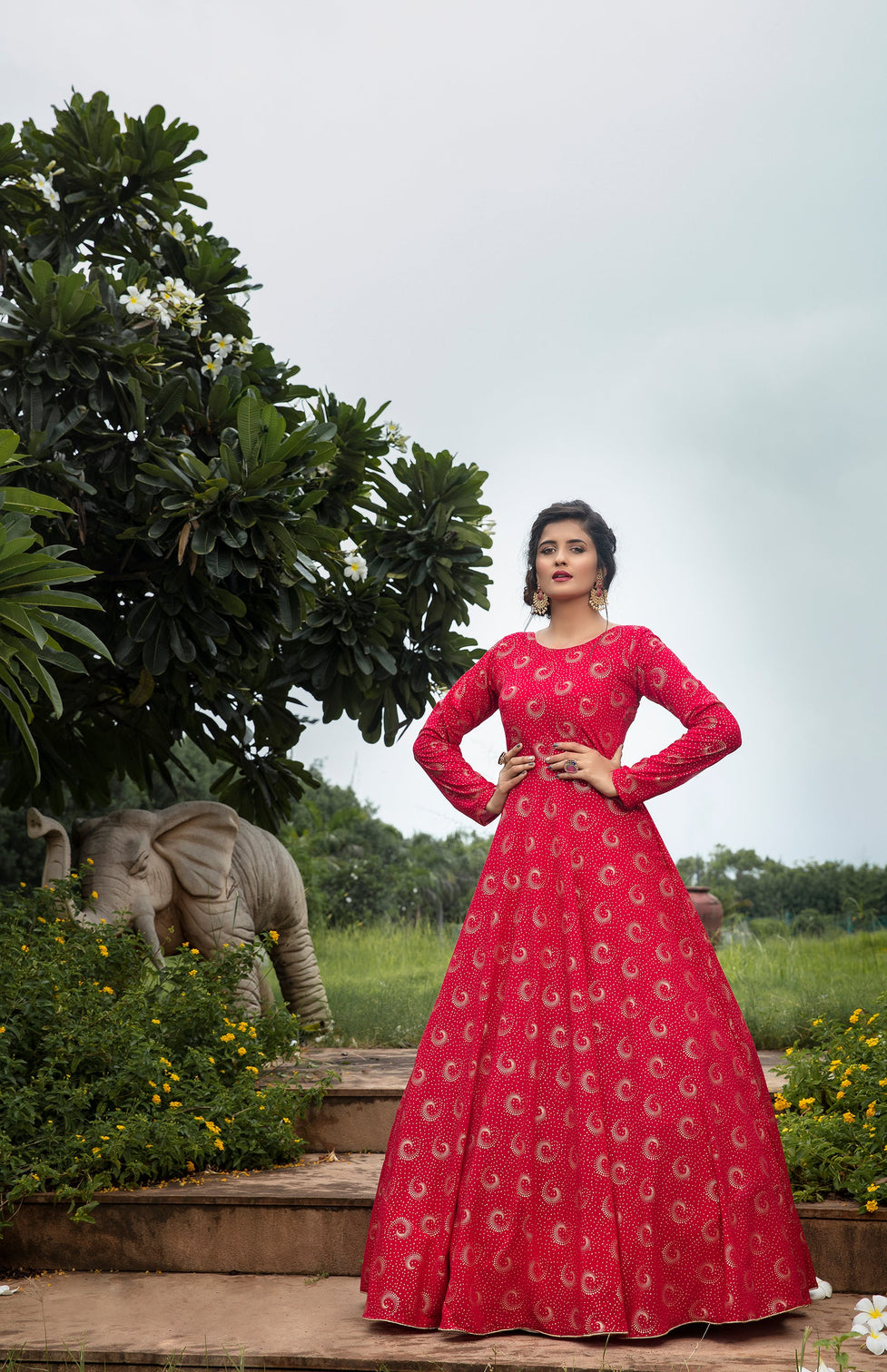 Rani-Pink Foilage Print Georgette Designer Gown Semi Stitched