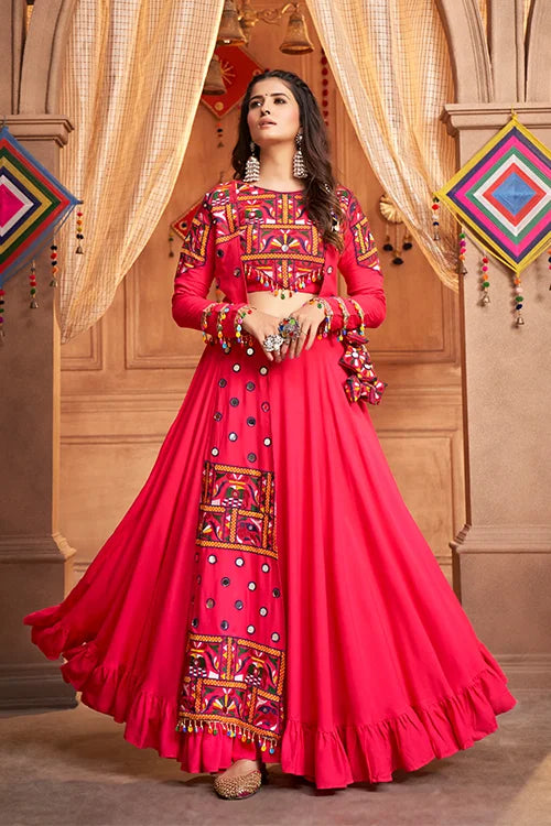 Rani Pink Embroidered Koti Style Chaniya Choli for Indian Festival Navratri