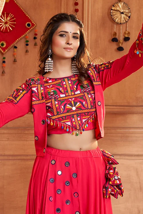 Rani Pink Embroidered Koti Style Chaniya Choli for Indian Festival Navratri