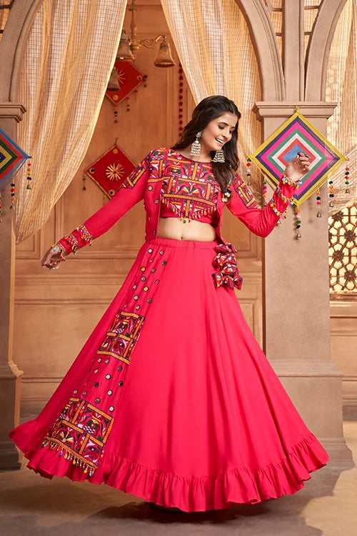 Rani Pink Embroidered Koti Style Chaniya Choli for Indian Festival Navratri