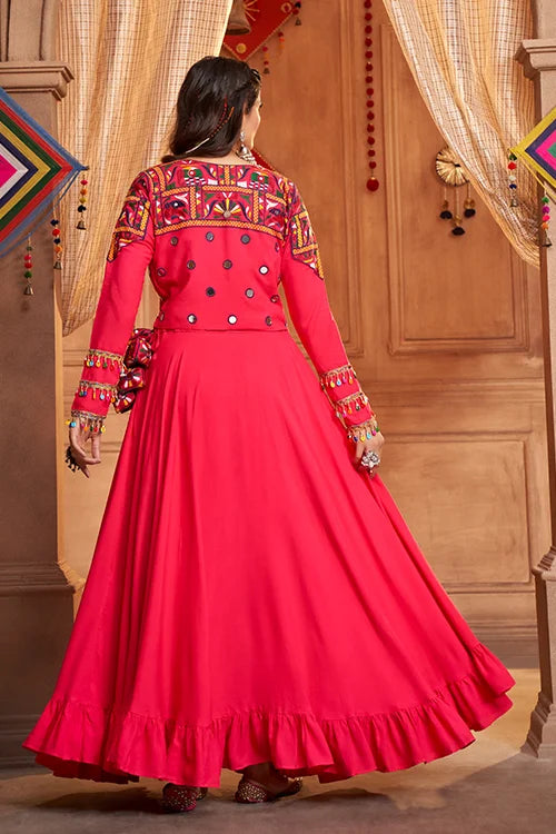 Rani Pink Embroidered Koti Style Chaniya Choli for Indian Festival Navratri