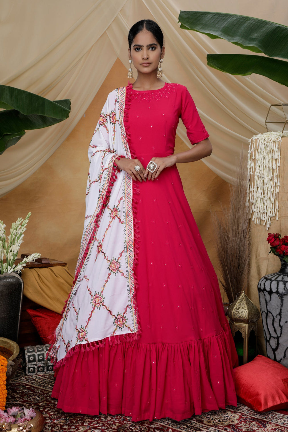 Rani Pink Sequins Work Goergette Festive Wear Long Anarkali Gown