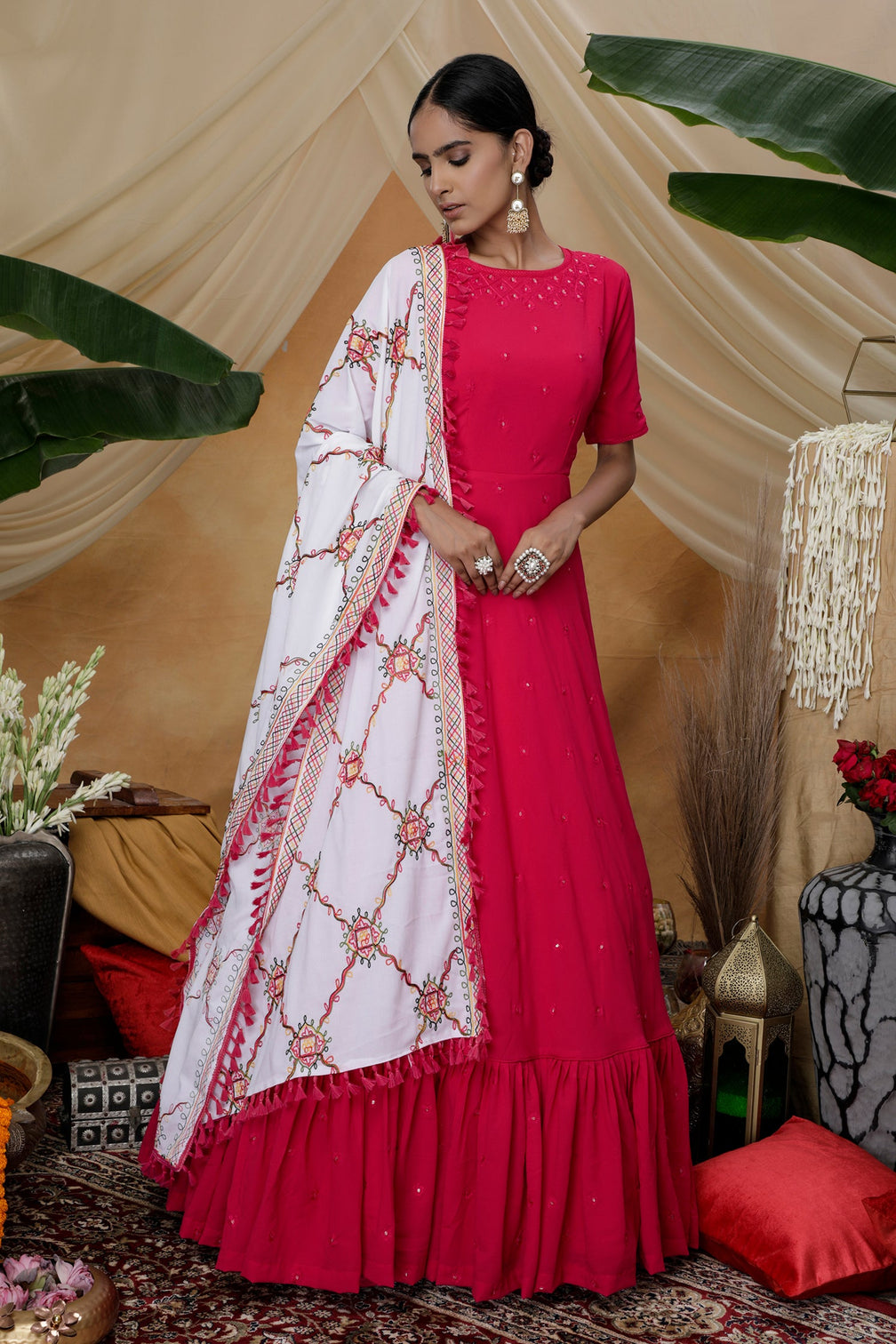 Rani Pink Sequins Work Goergette Festive Wear Long Anarkali Gown
