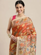 Beautiful Digital Print Kalamakri Design Soft Linen Saree