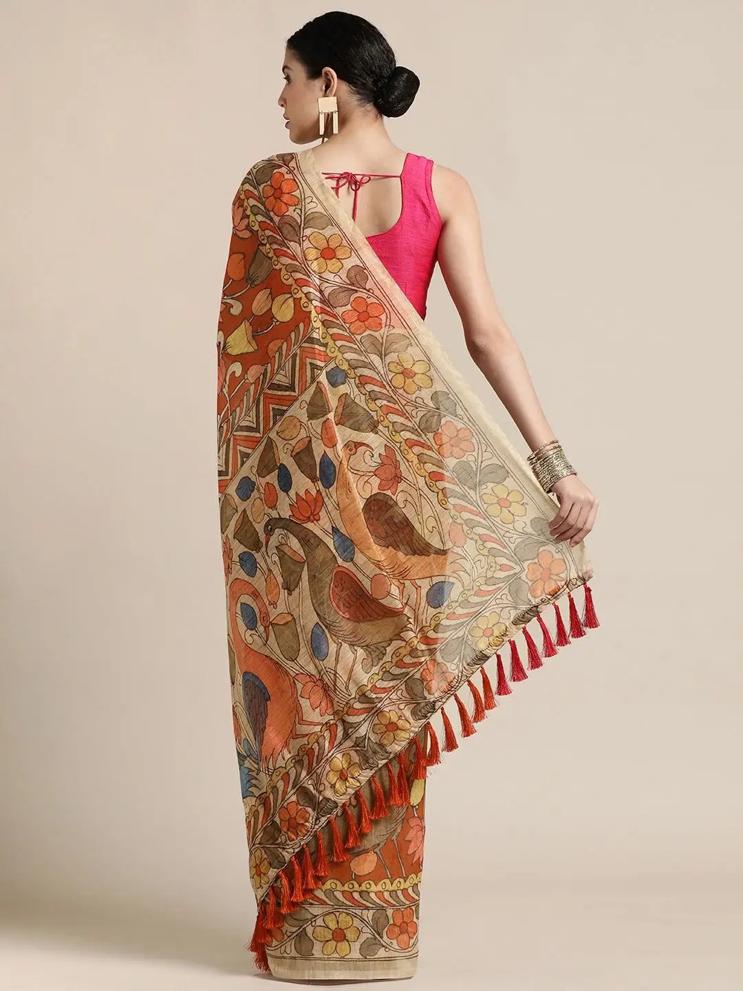 Beautiful Digital Print Kalamakri Design Soft Linen Saree