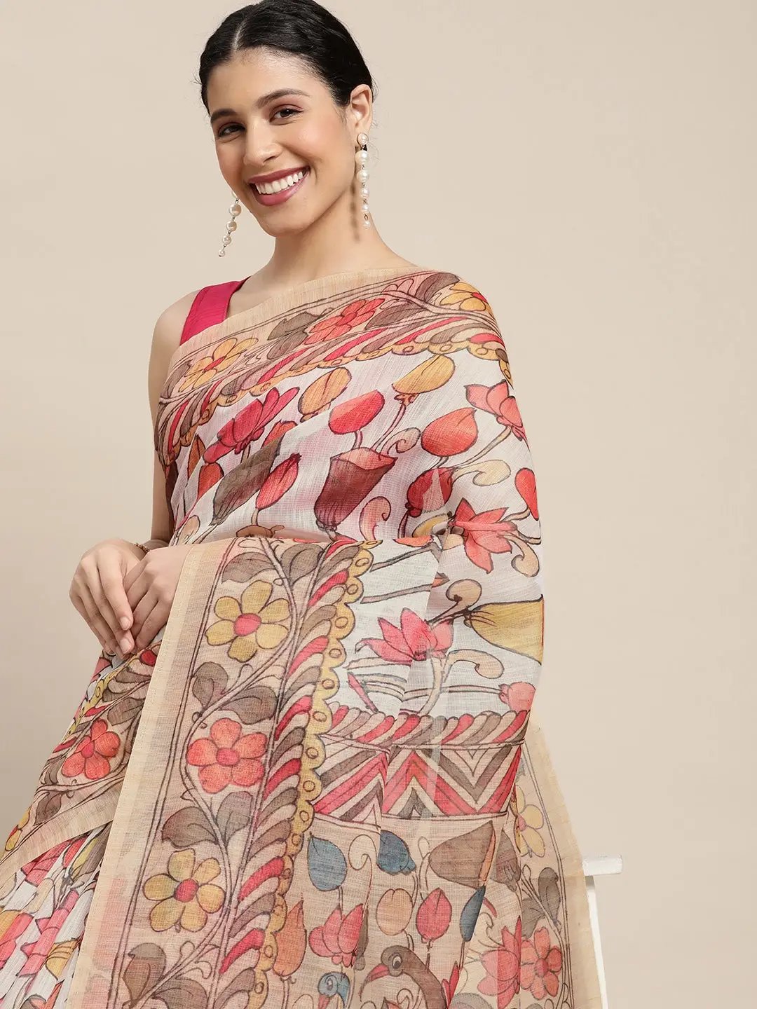 Beautiful Digital Print Kalamakri Design Soft Linen Saree
