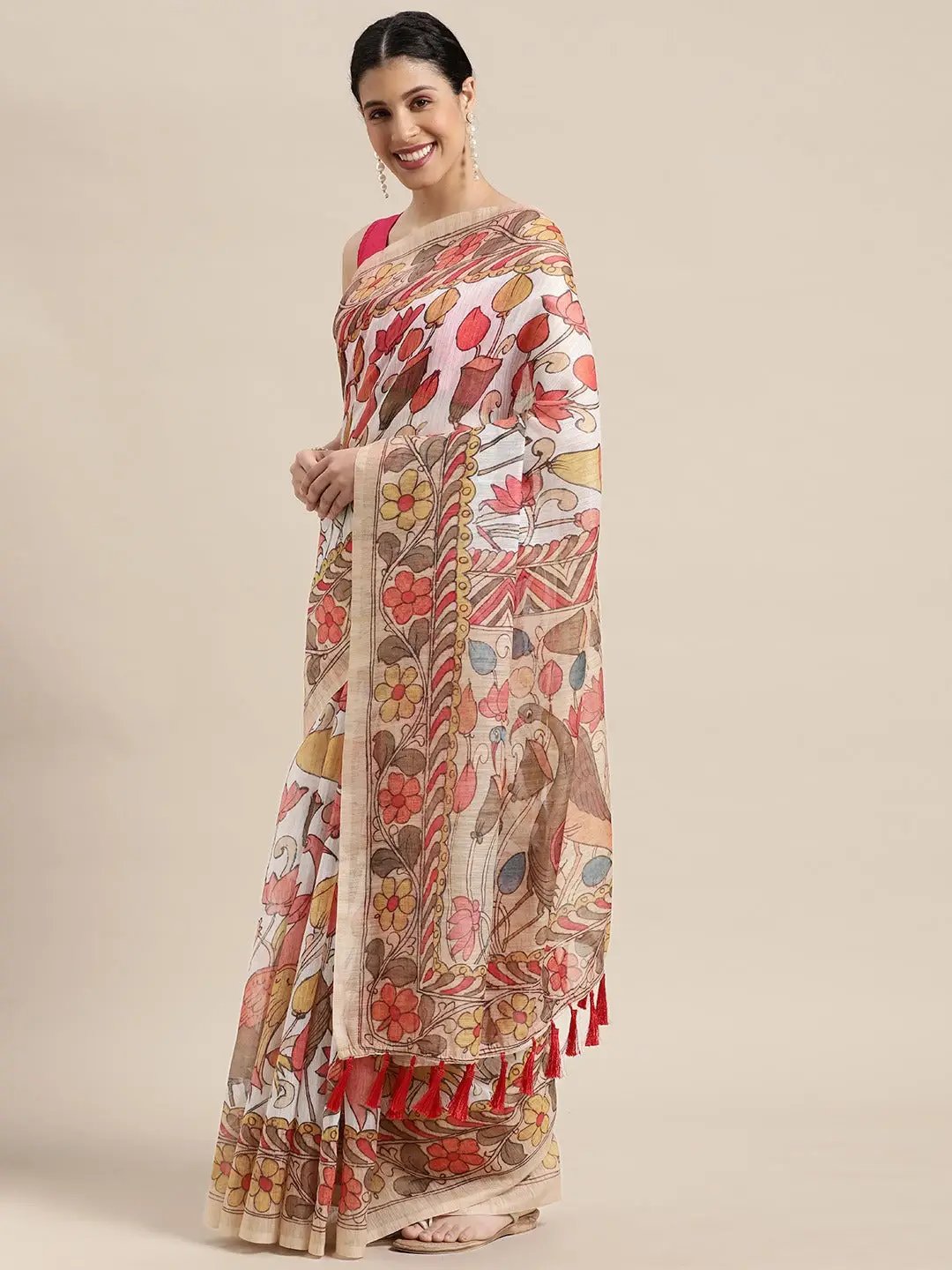 Beautiful Digital Print Kalamakri Design Soft Linen Saree