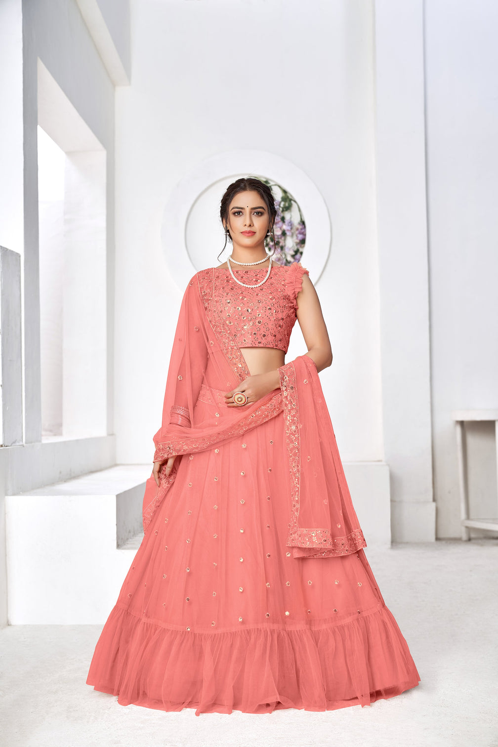Ravishing Peach Thread Embroidery Festive Wear Lehenga Choli