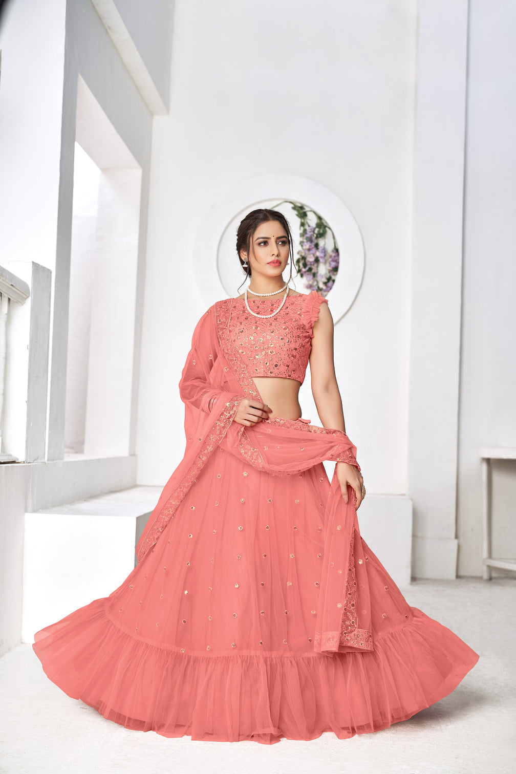 Ravishing Peach Thread Embroidery Festive Wear Lehenga Choli