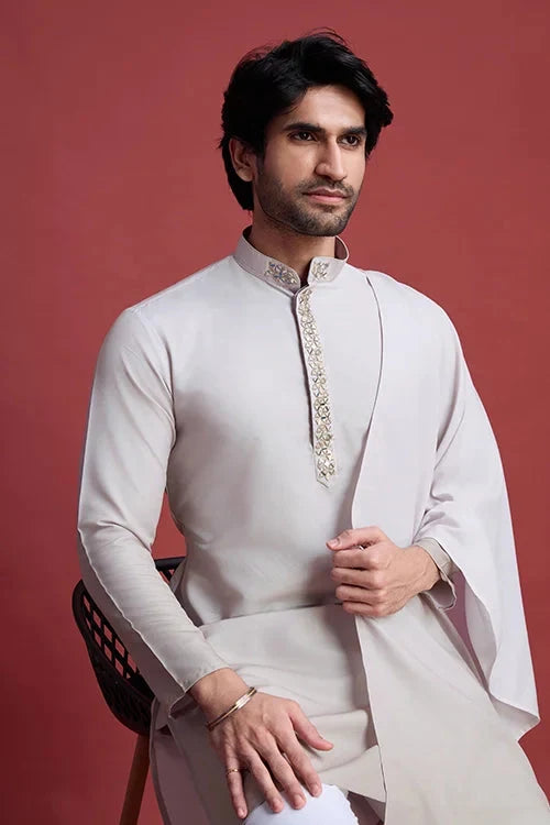 Designer Beige Kurta Set for Men with Mirror Work