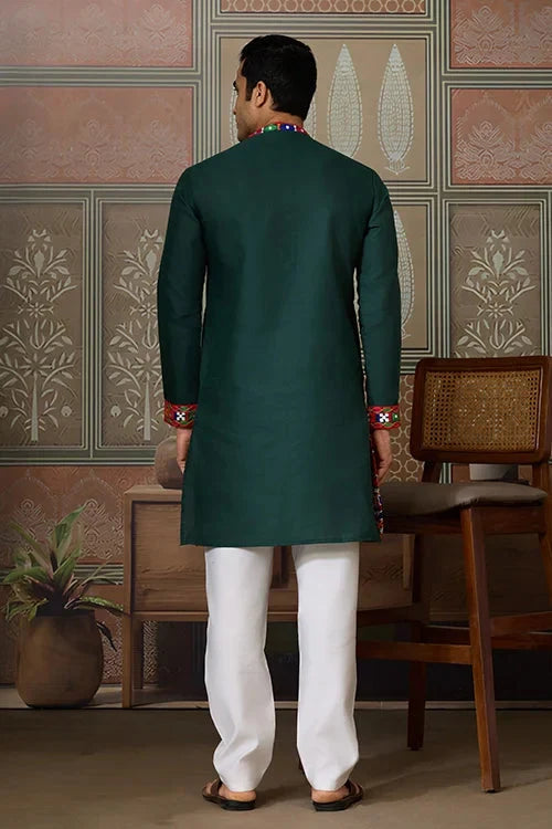 Navratri Style Green Cotton Readymade Kurta for Men