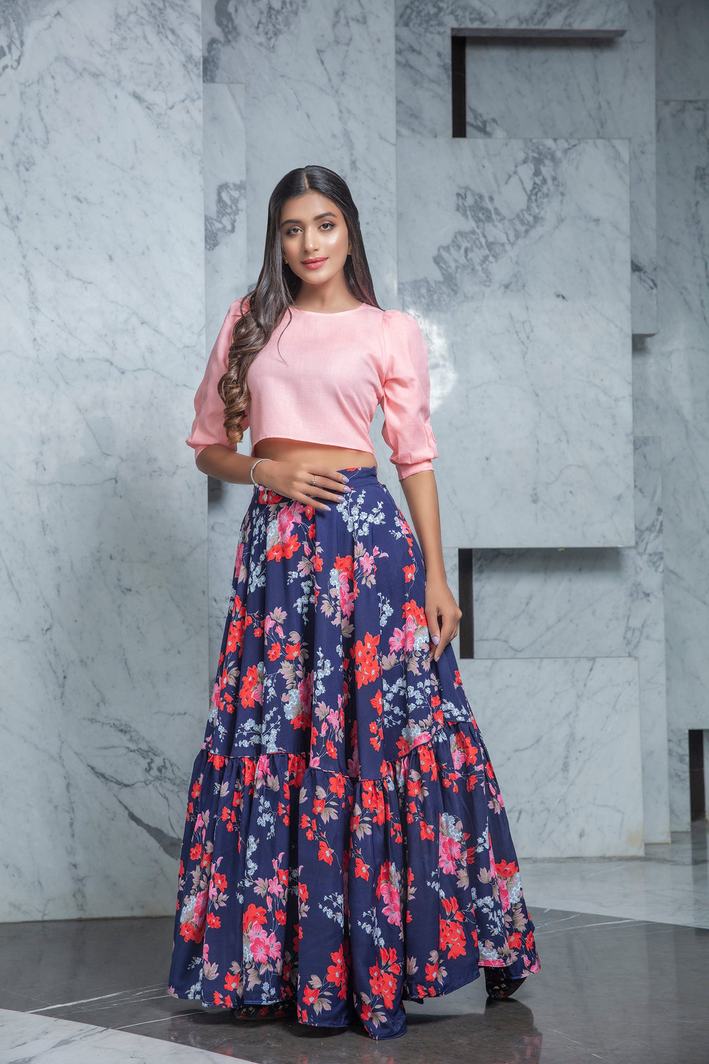 Readymade Navy Blue Printed Crepe Indo Western Skirt With Pink Crop Top