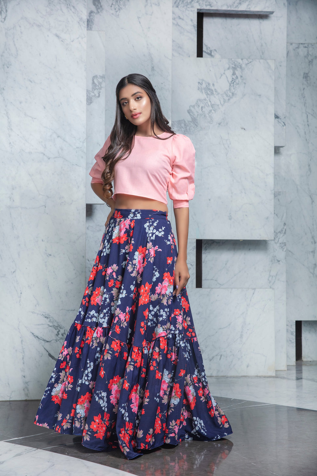 Readymade Navy Blue Printed Crepe Indo Western Skirt With Pink Crop Top