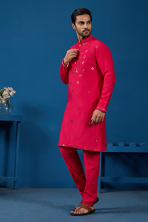 Designer Rani Mirror Embroidered Kurta for Mens Wear