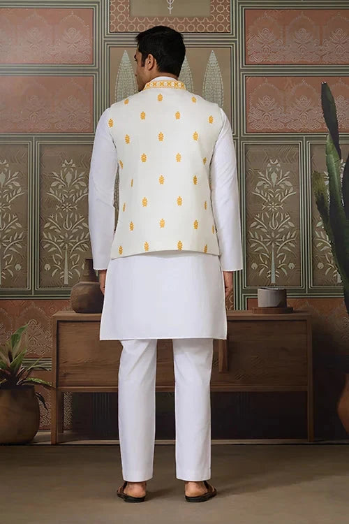 Haldi Special Yellow Koti with White Kurta for Mens
