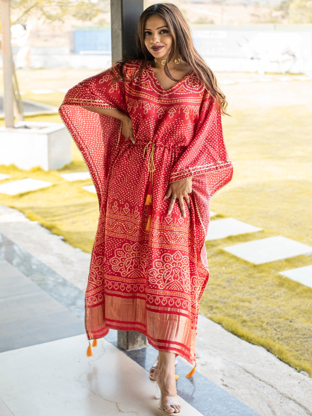 Red Color Digital Bandhej Print Pure Gaji Silk Kaftan