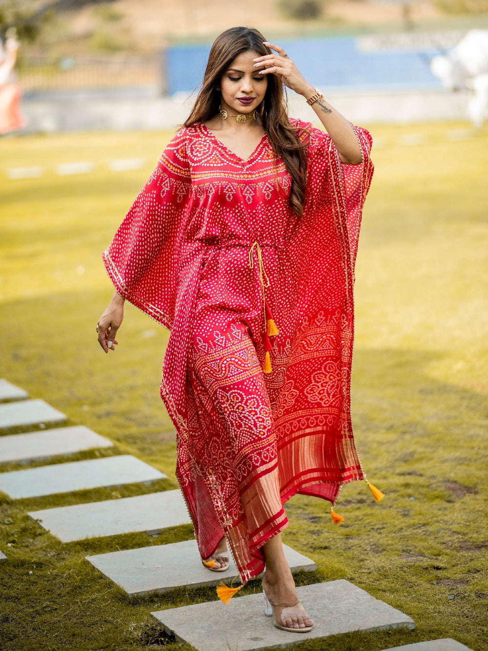 Red Color Digital Bandhej Print Pure Gaji Silk Kaftan