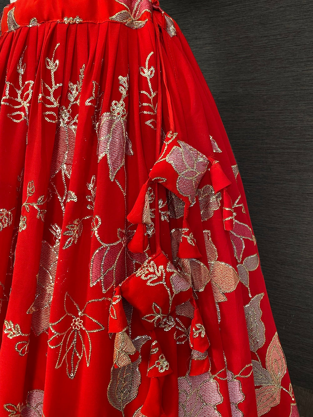 Red Color Thread And Sequins Embroidery Work Georgette Lehenga Set